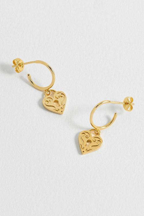 Engraved Heart Padlock Hoop Earrings