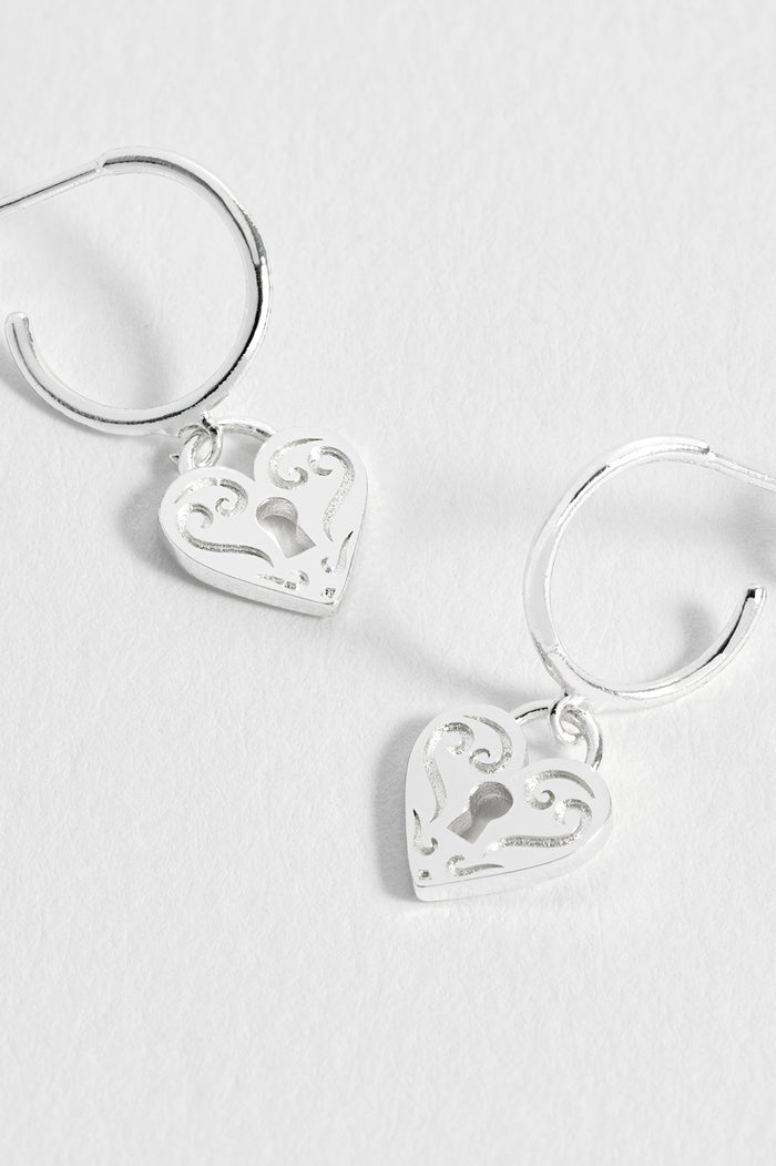 Engraved Heart Padlock Hoop Earrings