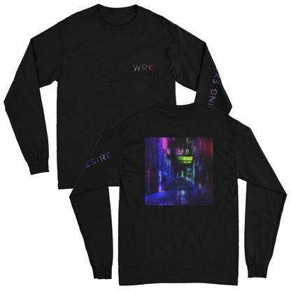 Black long sleeve shirt with text in the top corner that says WRK in multicolored lettering. On one sleeve, there is similar styled text that says EVERYTHING EXCEPT DESIRE. On the back of the shirt, there is artwork of a long hallway / alley, that is multicolored in the same way as the font.