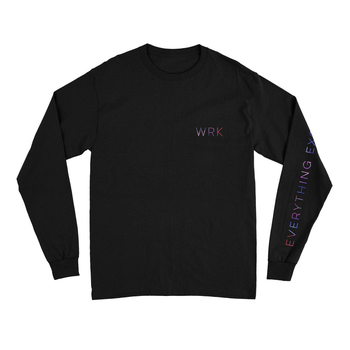 Black long sleeve shirt with text in the top corner that says WRK in multicolored lettering. On one sleeve, there is similar styled text that says EVERYTHING EXCEPT DESIRE.