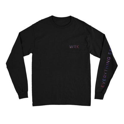 Black long sleeve shirt with text in the top corner that says WRK in multicolored lettering. On one sleeve, there is similar styled text that says EVERYTHING EXCEPT DESIRE.