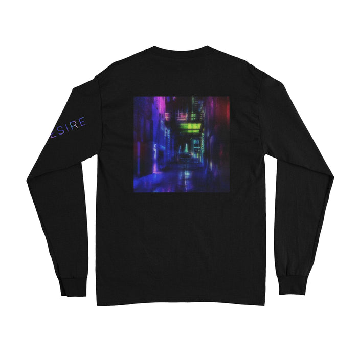 Back of black long sleeve shirt. There is artwork of a long hallway / alley, that is multicolored in the same way as the font.
