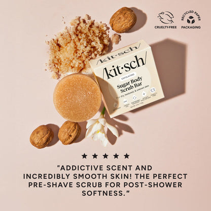 Kitsch Exfoliating Sugar Body Scrub Bar with brown sugar, walnut shells, and a five-star customer review.