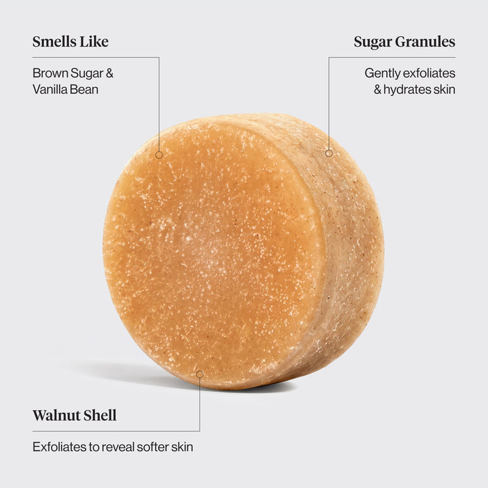 Kitsch Sugar Body Scrub Bar highlighting brown sugar, vanilla bean scent, sugar granules, and walnut shell exfoliants.