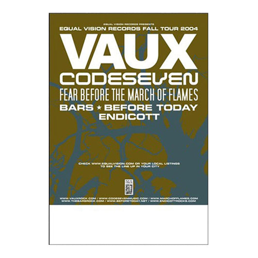 Equal Vision Records Fall Tour 2004 poster featuring Vaux, Codeseven, Fear Before the March of Flames, Bars, Before Today, and Endicott. White and blue text stands out on a brown background—vintage concert style from Equal Vision Records.