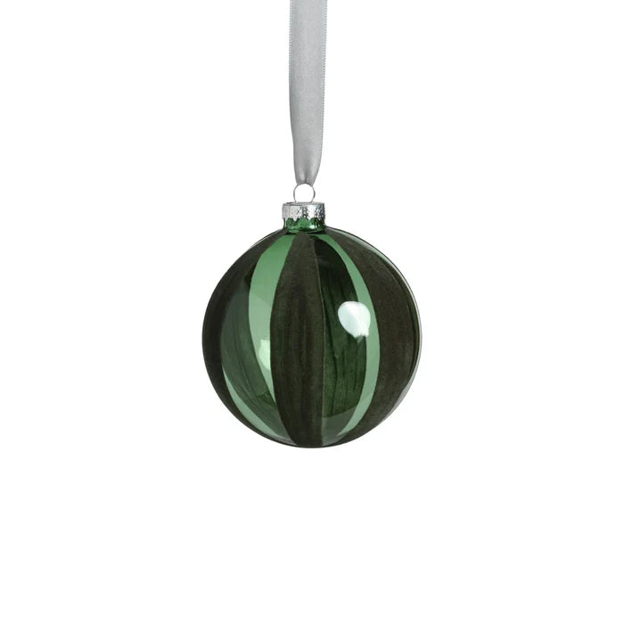 FLOCKED GREEN GLASS ORNAMENT 4"