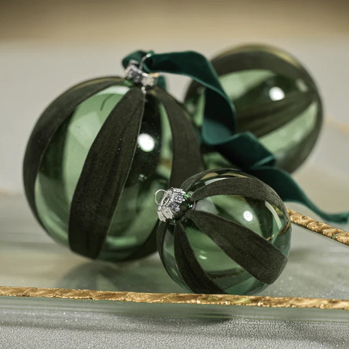 FLOCKED GREEN GLASS ORNAMENT 4"