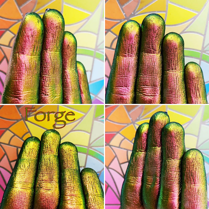 Finger swatches of Forge Jewelled Multichrome Eyeshadow angle shifts rose-orange-gold-lime-teal