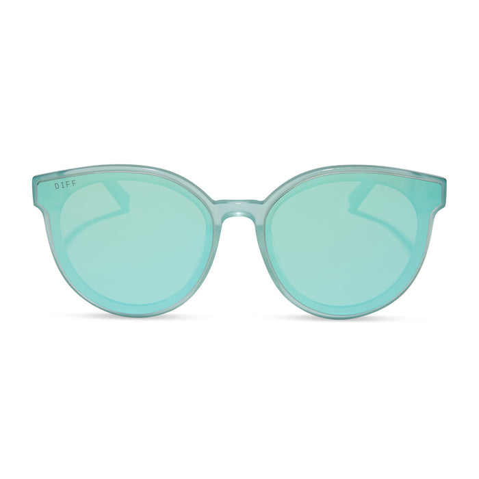 diff eyewear featuring the gemma round sunglasses with a aquatic awe teal frame and aquatic awe teal mirror lenses front view