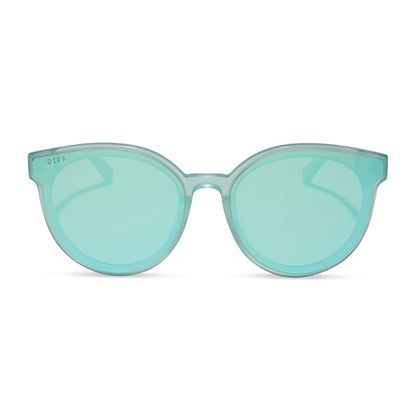 diff eyewear featuring the gemma round sunglasses with a aquatic awe teal frame and aquatic awe teal mirror lenses front view