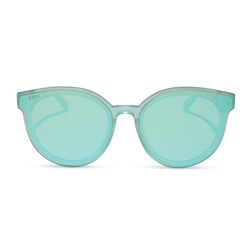 diff eyewear featuring the gemma round sunglasses with a aquatic awe teal frame and aquatic awe teal mirror lenses front view