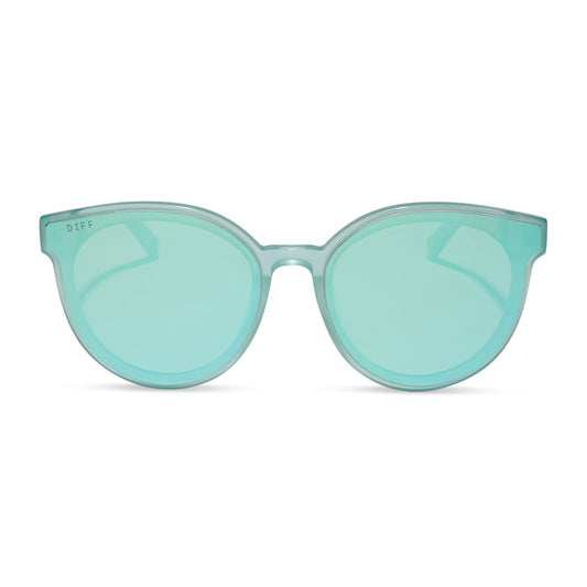 diff eyewear featuring the gemma round sunglasses with a aquatic awe teal frame and aquatic awe teal mirror lenses front view