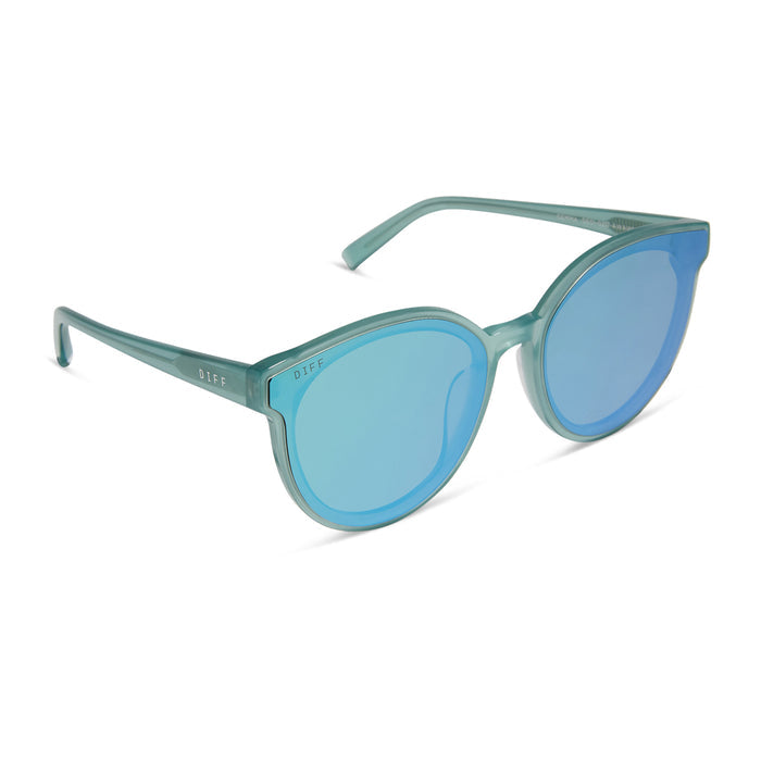 diff eyewear featuring the gemma round sunglasses with a aquatic awe teal frame and aquatic awe teal mirror lenses angled view