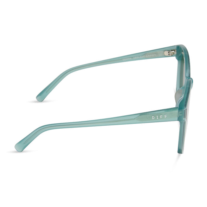 diff eyewear featuring the gemma round sunglasses with a aquatic awe teal frame and aquatic awe teal mirror lenses side view