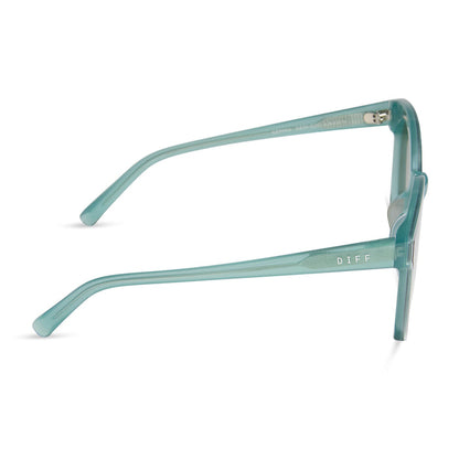 diff eyewear featuring the gemma round sunglasses with a aquatic awe teal frame and aquatic awe teal mirror lenses side view