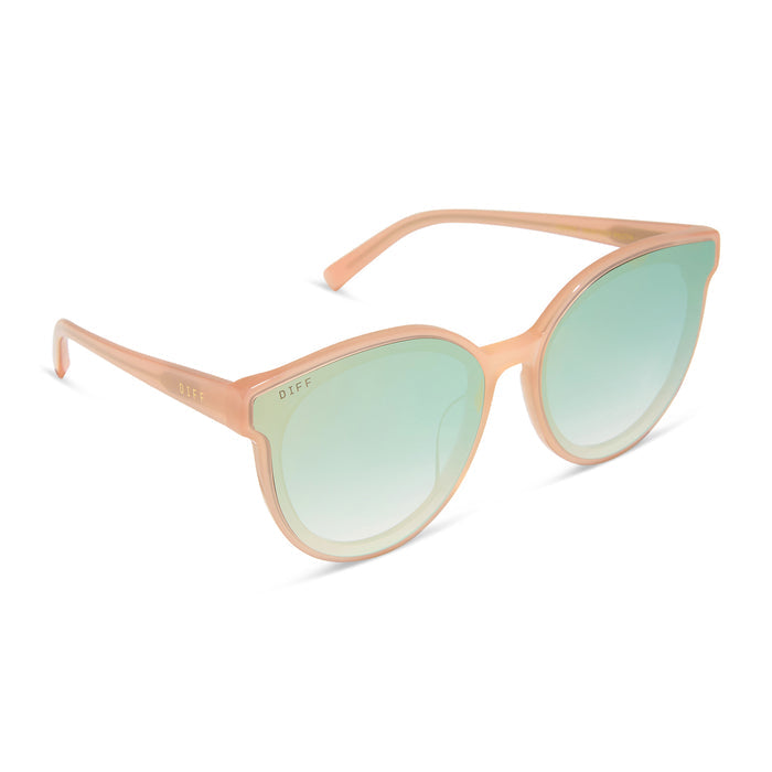 diff eyewear featuring the gemma round sunglasses with a peach frame and cool matcha gradient mirror lenses angled view