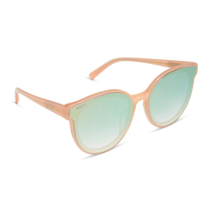 diff eyewear featuring the gemma round sunglasses with a peach frame and cool matcha gradient mirror lenses angled view