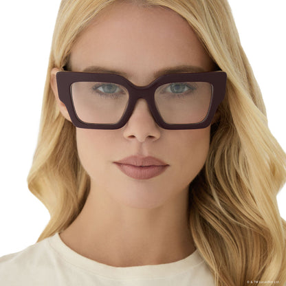 on model - female wearing star wars x diff eyewear featuring the general leia™ square prescription glasses with a aubergine purple frame front view
