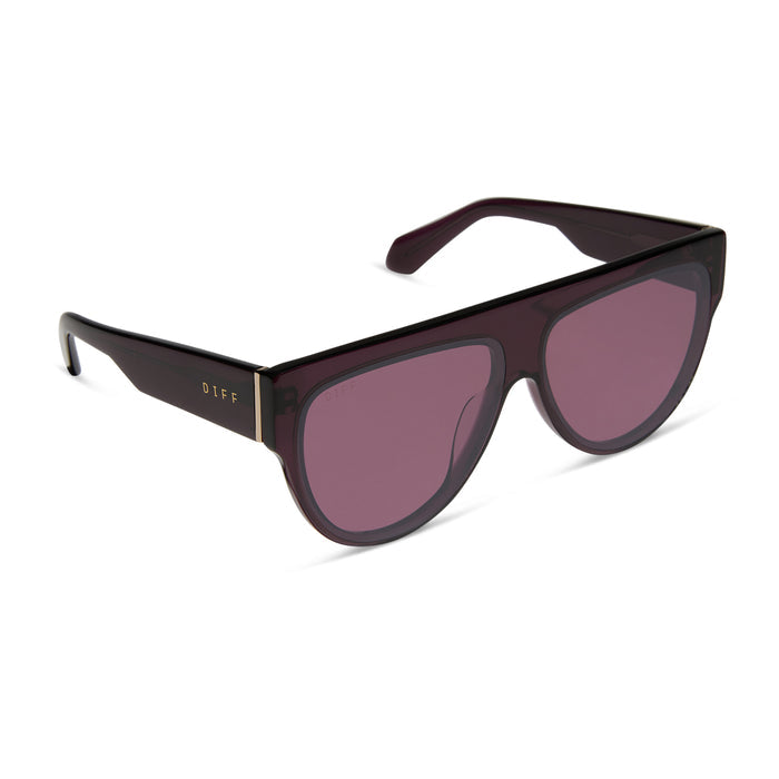 diff eyewear featuring the georgie square sunglasses with a aubergine frame and aubergine with silver flash angled view