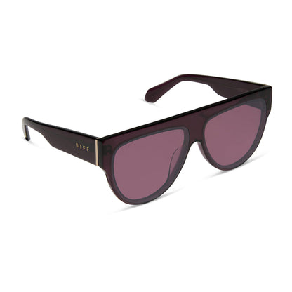 diff eyewear featuring the georgie square sunglasses with a aubergine frame and aubergine with silver flash angled view