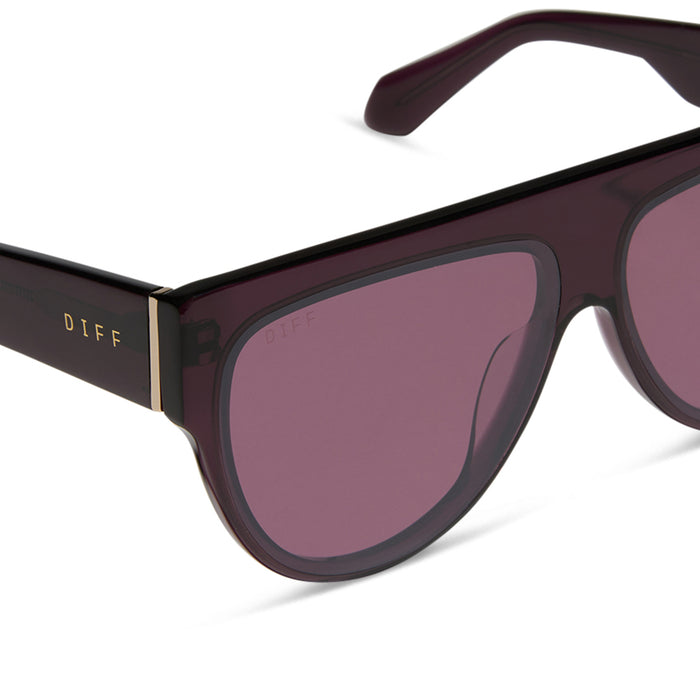 diff eyewear featuring the georgie square sunglasses with a aubergine frame and aubergine with silver flash detailed view