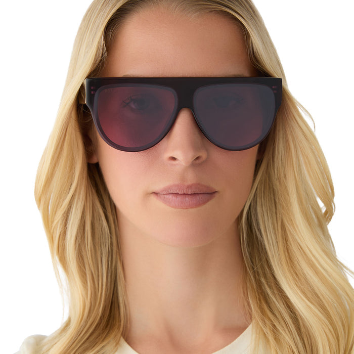 on model - female wearing diff eyewear featuring the georgie square sunglasses with a aubergine frame and aubergine with silver flash front view