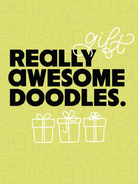 Green background with the text 'Really Awesome Doodles' and gift illustrations on a yellow background.
