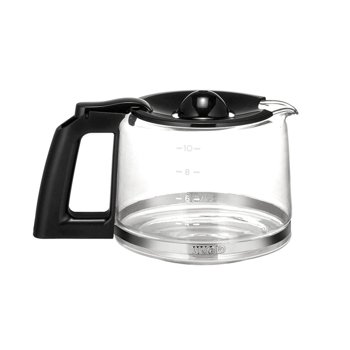 Die Unold Glaskanne für KAFFEEAUTOMAT Compact 28120, 28125 und 28128 ist eine Kaffeekanne aus Klarglas mit schwarzem Henkel, schwarzem Deckel, seitlichen Messmarkierungen und silbernem Band um den Boden.