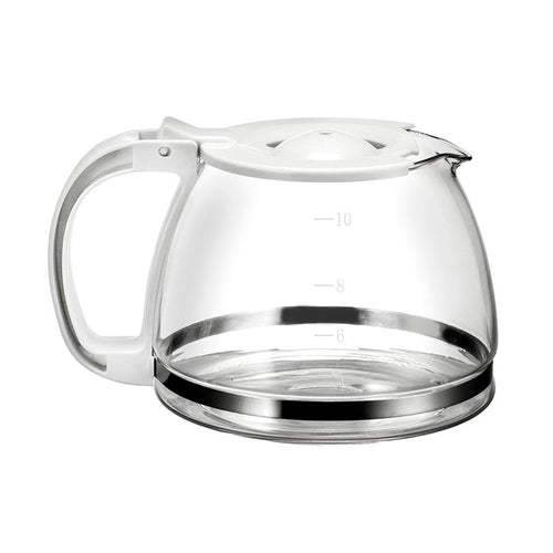 Die Unold Glaskanne für KAFFEEAUTOMAT Easy White 28020 ist eine Kaffeekanne aus Klarglas mit weißem Henkel und Deckel, seitlichen Messmarkierungen und einem silbernen Band um den Boden.