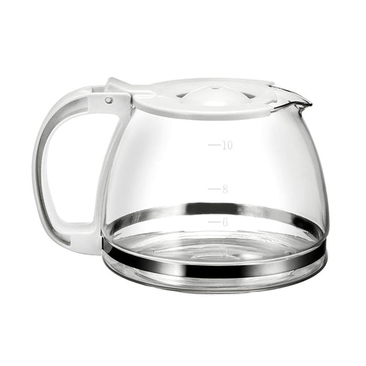 Die Unold Glaskanne für KAFFEEAUTOMAT Easy White 28020 ist eine Kaffeekanne aus Klarglas mit weißem Henkel und Deckel, seitlichen Messmarkierungen und einem silbernen Band um den Boden.