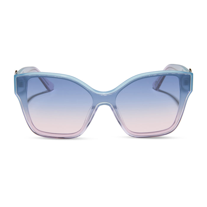 wicked x diff eyewear featuring the glinda upland butterfly cat eye sunglasses with a blue pink gradient frame and blue to pink lenses front view