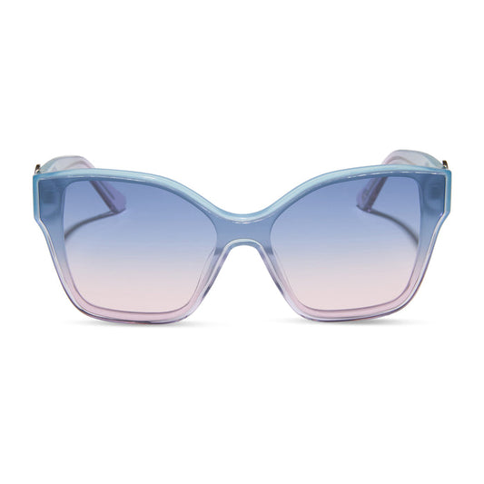 wicked x diff eyewear featuring the glinda upland butterfly cat eye sunglasses with a blue pink gradient frame and blue to pink lenses front view