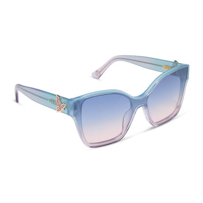wicked x diff eyewear featuring the glinda upland butterfly cat eye sunglasses with a blue pink gradient frame and blue to pink lenses angled view