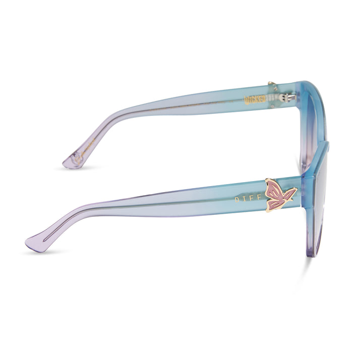 wicked x diff eyewear featuring the glinda upland butterfly cat eye sunglasses with a blue pink gradient frame and blue to pink lenses side view