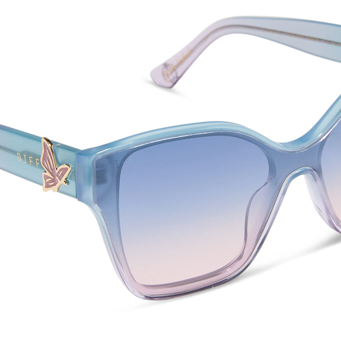 wicked x diff eyewear featuring the glinda upland butterfly cat eye sunglasses with a blue pink gradient frame and blue to pink lenses detailed view