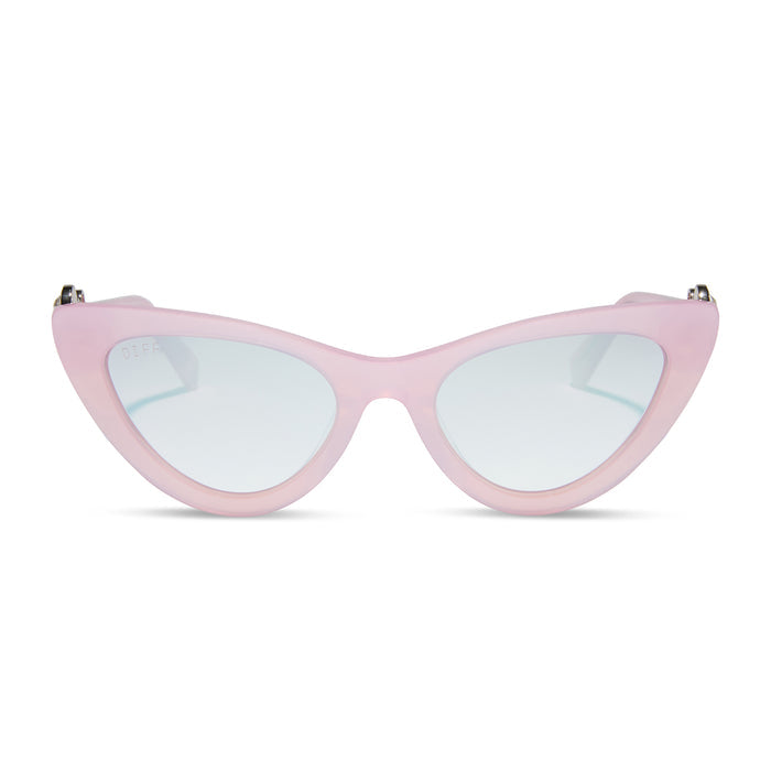 wicked x diff eyewear featuring the glinda upland for good cat eye sunglasses with a pink frame and pink lenses front view