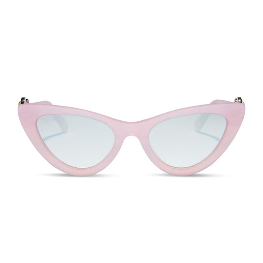 wicked x diff eyewear featuring the glinda upland for good cat eye sunglasses with a pink frame and pink lenses front view