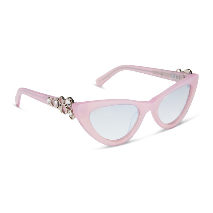 wicked x diff eyewear featuring the glinda upland for good cat eye sunglasses with a pink frame and pink lenses angled view
