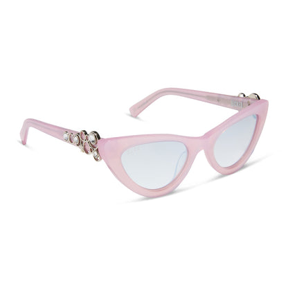 wicked x diff eyewear featuring the glinda upland for good cat eye sunglasses with a pink frame and pink lenses angled view
