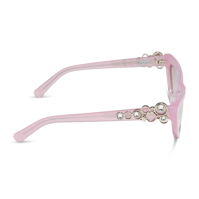 wicked x diff eyewear featuring the glinda upland for good cat eye sunglasses with a pink frame and pink lenses side view