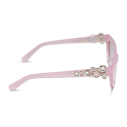 wicked x diff eyewear featuring the glinda upland for good cat eye sunglasses with a pink frame and pink lenses side view