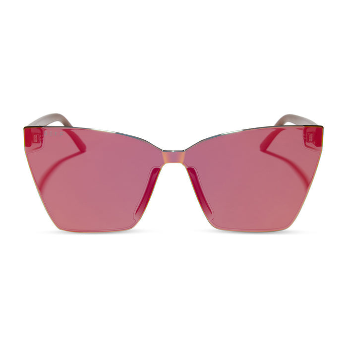 diff eyewear featuring the goldie cat eye sunglasses with a animal frame and red hot summer mirror lenses front view