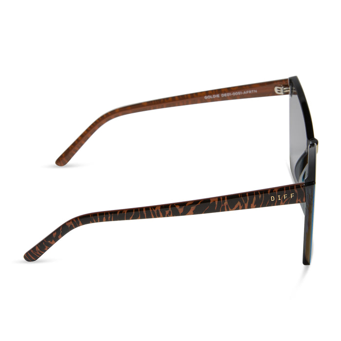 diff eyewear featuring the goldie cat eye sunglasses with a animal frame and red hot summer mirror lenses side view