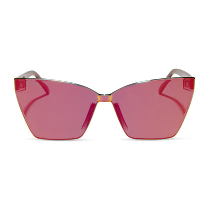 diff eyewear featuring the goldie xs cat eye sunglasses with a animal print frame and red hot summer mirror lenses front view