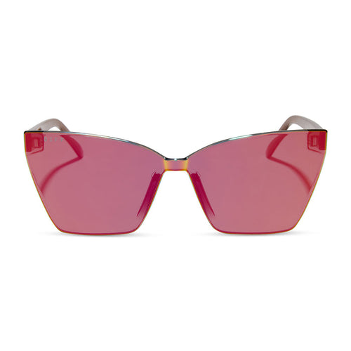 diff eyewear featuring the goldie xs cat eye sunglasses with a animal print frame and red hot summer mirror lenses front view