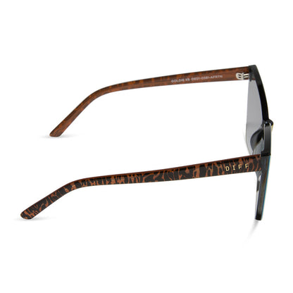 diff eyewear featuring the goldie xs cat eye sunglasses with a animal print frame and red hot summer mirror lenses side view