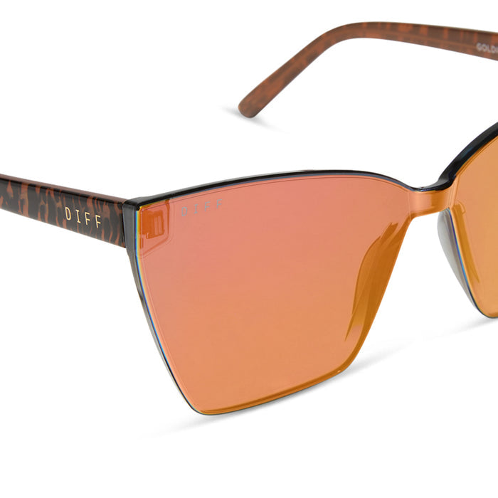 diff eyewear featuring the goldie xs cat eye sunglasses with a animal print frame and red hot summer mirror lenses detailed view