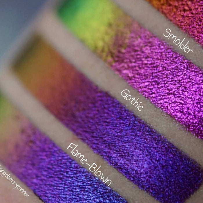 Close up right angled arm swatches of Gothic Jewelled Multichrome Eyeshadow shifts compared to Smoulder, Flame-Blown