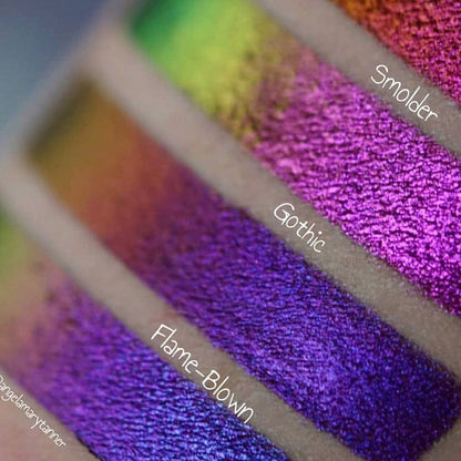 Close up right angled arm swatches of Gothic Jewelled Multichrome Eyeshadow shifts compared to Smoulder, Flame-Blown