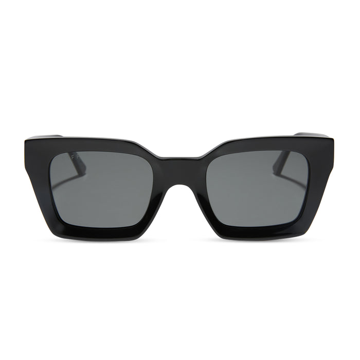 diff eyewear featuring the greer square sunglasses with a black frame and grey polarized lenses front view